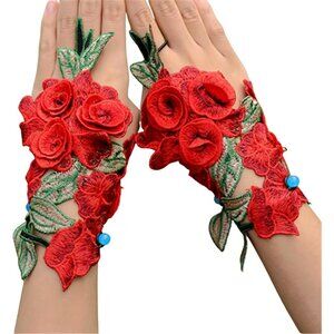 Women's A-B-Red Flowers Embroidered Lace Gloves Cocktail Party Costumes